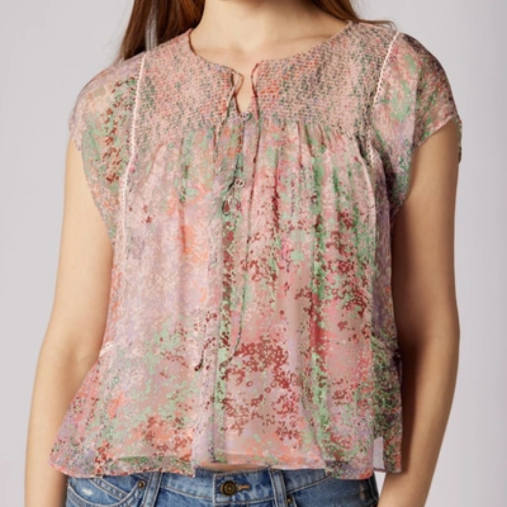 NWT Joie Multicolored Short Sleeve Sheer Silk Blouse Size M Flowy!